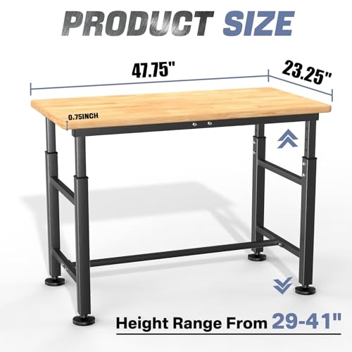 WALMANN Heavy Duty Adjustable Height Workbench 47.75" x 23.25", Rubber Wood Top Work Table for Garage, Workshop, 2000 lbs Load Capacity