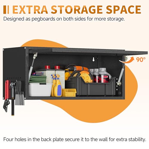 Firstsky Metal Garage Wall Cabinet with Up-Flip Door,Wall-Mounted Steel Storage Cabinet, Float Tool Cabinet with Pegboard,Upper Cabinet for Kitchen,Garage,Workshop,Warehouse(13.8" H,Black)