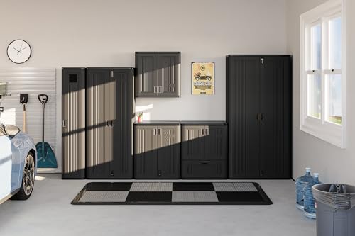 Suncast Mega Tall Storage Cabinet for Garage Organization - 31 Cu. Ft. Lockable Utility Closet with 3 Adjustable Shelves for Garden Supplies & Outdoor Tools, Multi-Wall Resin Construction, Black