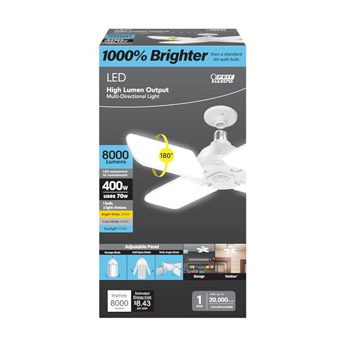 Feit Electric LED Garage Light, Multiple Adjustable Panels, E26 Base, Ideal for Garage, Workshop, Shed, 25,000-Hour Lifetime