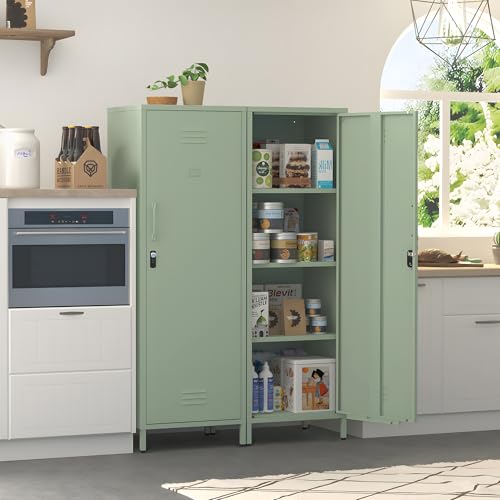 Epochsteele Metal Locker Storage Cabinets Lockable Single File Storage Cabinet with Door and Removable Shelves Kids Locker for School Gym Pantry Kitchen (Green)