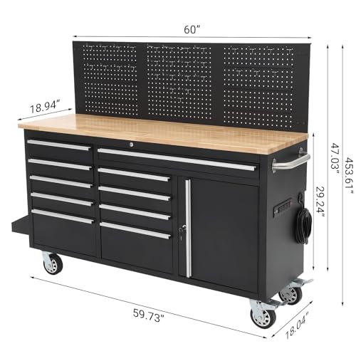 Garvee Rolling Tool Chest, 61 in Garage 10 Drawers Workbench Storage Tool Cabinet with Solid Rubber Wood Top, Power Strip, 1675 LBS Load Mobile Workstation, Heavy Duty Rolling Cabinet, Black