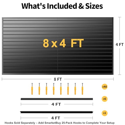 Slat Wall Panels 8x4 ft, Heavy-Duty PVC Garage Slatwall Panel with Trim & Screws, Interlocking Black Wall Panels, Garage Wall Organizer Slat Board PVC Wall Panel for Tools and Sports Equipment Storage