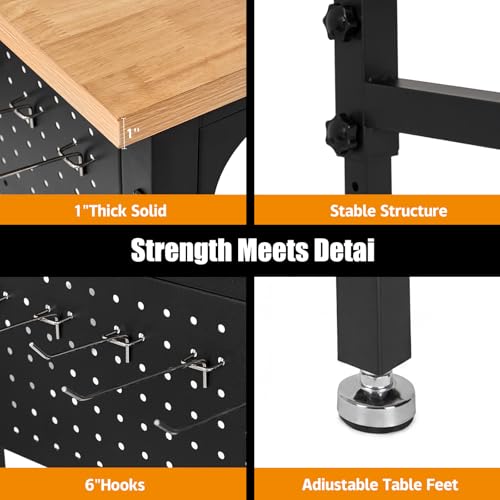 70"x47" L-Shaped Heavy Duty Work Bench, 3300 LBS Load Capacity Heights Adjustable Workbench, Work Benches for Garage with Power Outlet & Pegboard, Rubber Wood Work Table for Office, Workshop, Home