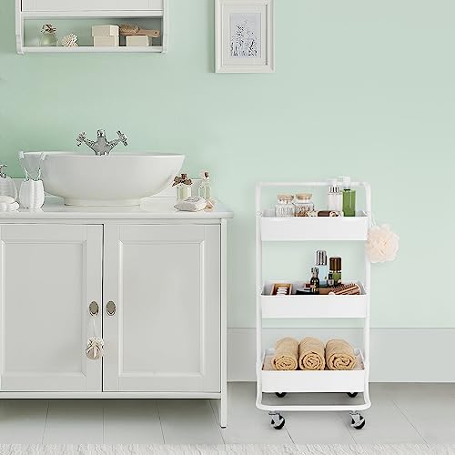 Seville Classics 3 Bin Metal Rolling Storage Utility Cart Organizer Trolley w/Lockable Wheels for Office, Art Supplies, School, Salon, Kitchen, Garage, Home, White w/Handle