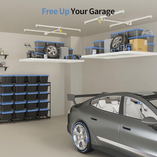 Overhead Garage Storage Rack – 4x8 FT Garage Ceiling Storage Racks with Safety Lock, Heavy-Duty Ceiling Mounted Lift System and Storage Organizer, Ideal for Maximizing Overhead Space, 325 lbs Capacity