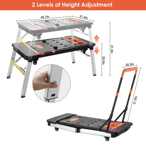 TLGREEN 7-in-1 Portable Workstation, Folding Workbench & Work Table with Wheels, Converts to Sawhorse, Low Work Platform, Dolly & Hand Truck for Garage, Jobsite, Woodworking & DIY
