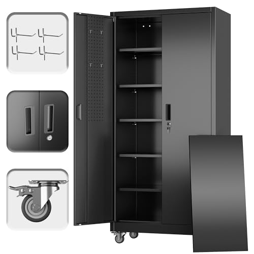 GangMei Garage Storage Cabinet with Wheels and Pegboard, 71" H x 32" W x 16" D Lockable Metal Storage Cabinet with 5 Adjustable Shelves and 2 Doors for Garage Home, Assembly Required, Black