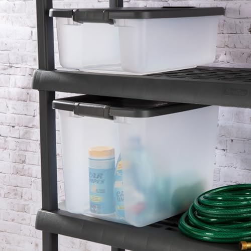 Sterilite 12-Pack 50 Quart ShelfTotes, Clear Plastic Storage Organizer Bins, Flat Gray Lid - Large Stackable Containers for Garage Shelves, Basement Room, Attic, and Home Organization
