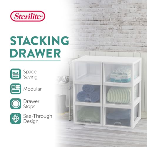 Sterilite 8-Pack 27 Quart Stacking Drawer, Clear Storage Closet Organizer, White Frame - Stackable Modular Plastic Drawers for Clothes, Accessories, Craft Supplies, Shoes or Linens