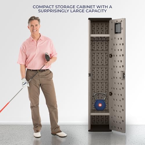 Suncast Garage and Golf Storage Organizer – Golf Rack and Bag Storage, Hall Tree with Shoe Cubby, Heavy-Duty Resin Locker Cabinet with Adjustable Shelves, Lockable, for Golf Equipment, Made in the USA