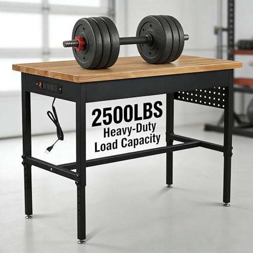 48/60/70 Inch Adjustable Workbench with Power Outlet Heavy Duty 2500 LBS Load Capacity Hardwood Work Table for Garage 6 Level Height Adjustable Workshop Bench (48"x24")