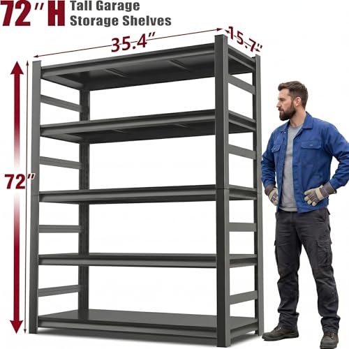 BEESTMUEBLE Garage Shelving, 3000 LBS Heavy Duty Metal Storage Shelves with Anti-Fall Rails, 5-Tier Adjustable Storage Rack for Garage, Warehouse, Basement, 35.4" W x 15.7" D x 72" H
