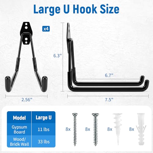 Eptcp Large Garage Hooks Heavy Duty, 4 Pack 7.5 inch Garage Wall Hooks for Hanging Ladder, Kayak, Bike, Chair and Tool