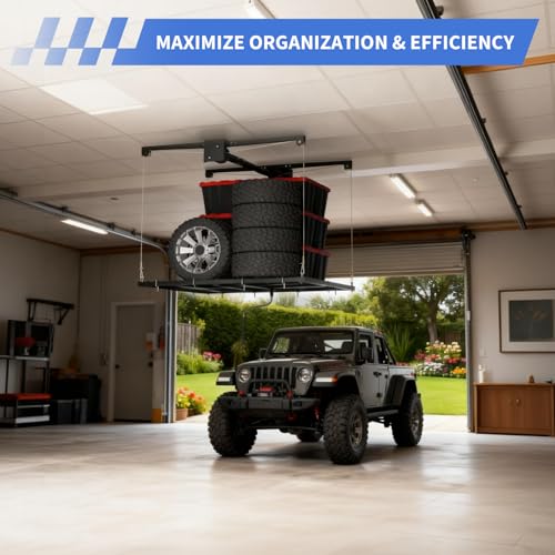 Overhead Garage Lifting Storage Rack, Maximize Your Garage Storage with Our 4x4 Ft Heavy-Duty Ceiling Storage Rack System, Supports 350 lbs, Adjustable & Easy to Install (Black 4x4 ft)