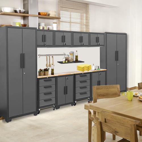 Torin 12 Piece Garage Storage Cabinet Set: Workshop Tool Organizer Chest with Lockers, Shelves and Wood Workbench, Black/Grey