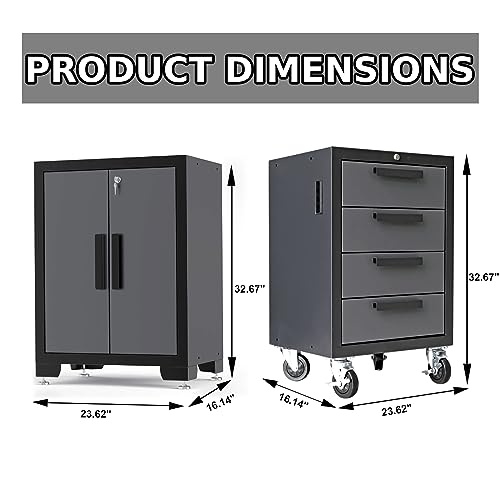 Torin Garage Storage System Heavy Duty 12Pcs Metal Organization Workbench，Wall, 4-Drawers Rolling Cabinet, Black/Grey