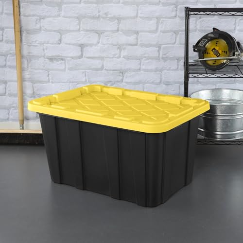 Alvanhqw 27 Gallon Plastic Storage Container with Snap-On Lid, Heavy-Duty Industrial Tote, Black and Yellow, 28.5x19.6x15.5 Inches, 6 Pack (6, Black/Yellow)