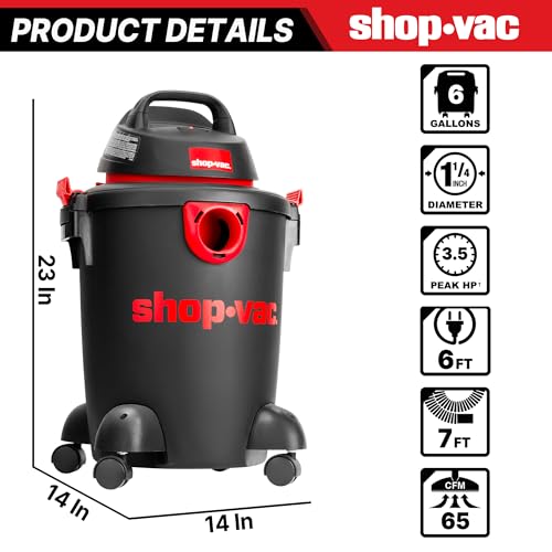 Shop-Vac 5985005 6 Gallon Wet/Dry Vacuum, 3.5 Peak HP, 1.25 Inch Diameter x 7 Foot Hose, 6 Foot Cord, Ideal for Home, Garage, and Workshop Cleaning