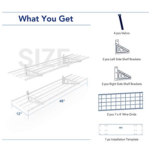 FLEXIMOUNTS 3x6 Overhead Garage Storage Adjustable Ceiling Storage Rack with 2-Pack 1x4ft 12-inch-by-48-inch Wall Shelf, 450lbs+300lbs Capacity,White