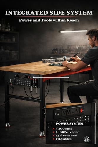 VekMax 48" Heavy Duty Workbench, 2500 LBS Load Capacity Work Bench with 1.2" Laminated Oak Wood Top & Reinforced Steel Frame, Adjustable Height Work Table for Garage, Workshop, Office, Home (Feet)