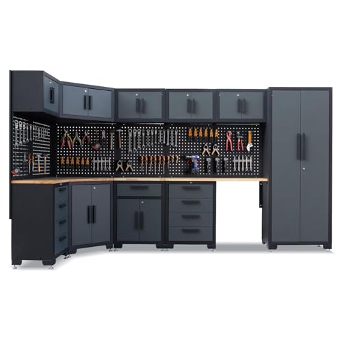Tsnritor 15PCS Corner Garage Storage Cabinet System, Heavy Duty Workshop Set, Corner Cabinet Includes Workbench, Pegboard & Lockable Drawers Metal Tool Organization System for Garage Workshop