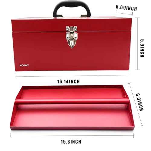 16" Portable Metal Toolbox Large Tool Box 18-Gauge Fishing Tackle Box Stee Tool Box Drawer Organizer With Metal Latch and Handle Red