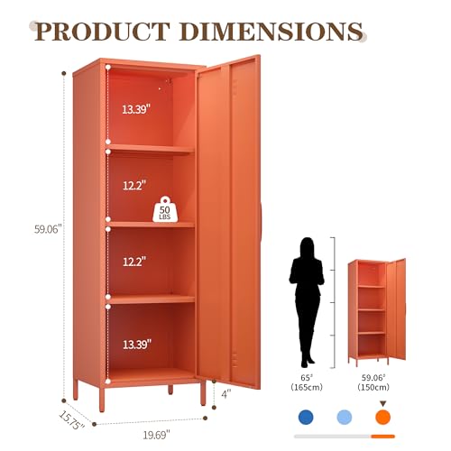 Metal Locker Storage Cabinets 59.06"H Orange Locking File Cabinets Kitchen Food Pantry Cabinet with 2 Doors and Shelves for Dining Room, Living Room,Bathroom Office,Home,Garage, Gym, School