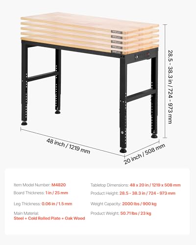 VEVOR Adjustable Workbench, 48 x 20-inch Heavy Duty Work Bench with 28.5-38.3 Inches Height Adjustment, 2000 lbs Capacity Garage Workbench with Power Outlets, Suitable for Office, Garage, Workshop