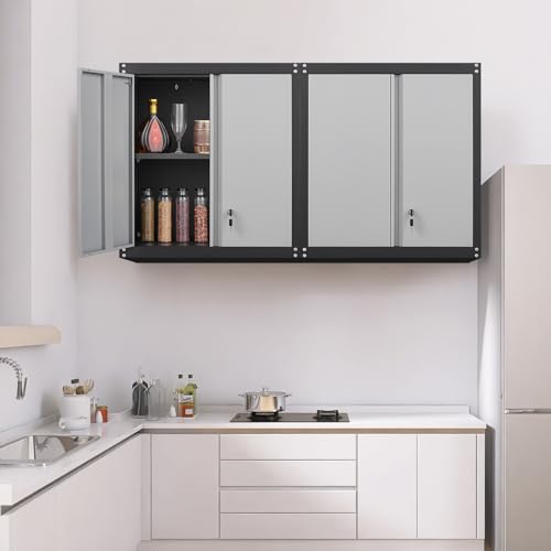 GREATMEET Lockable Storage Cabinet, Metal Garage Storage Cabinets, Metal Wall Cabinet for Garage, Wall Mount Cabinet with Lock and Adjustable Shelf, Floating, Black&Grey