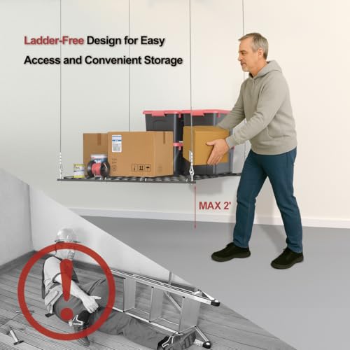 Overhead Garage Storage Rack for 12–14 FT Ceiling, Heavy-duty 4x4 FT Ceiling Storage Racks with Safety Lock, Ideal for Garage Storage Mounted Lift System and Storage Organizer, 250lbs Capacity