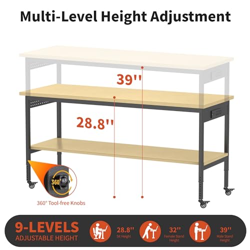 60" Adjustable Height Workbench,9-Level Heavy Duty Work Table with Storage Shelf Pegboard LED Light & Built-in Power Strip, 2010 lbs Load Capacity Rolling Tool Bench for Garage Workshop