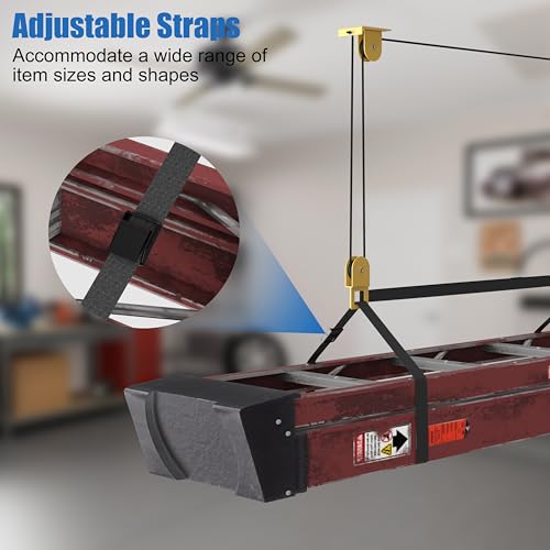 TRUSOON Ladder Storage Pulley Hoist, Self Locking Function Ladder Hanger, Garage Ceiling Mount Lift System for Lightweight Kayak, Bike, Surfboard, Hold 100 lbs, Fit 10-18 Foot Ceilings