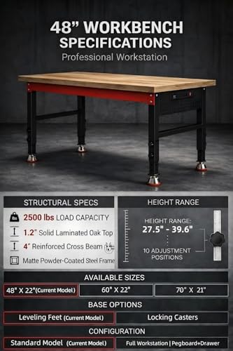 VekMax 48" Heavy Duty Workbench, 2500 LBS Load Capacity Work Bench with 1.2" Laminated Oak Wood Top & Reinforced Steel Frame, Adjustable Height Work Table for Garage, Workshop, Office, Home (Feet)