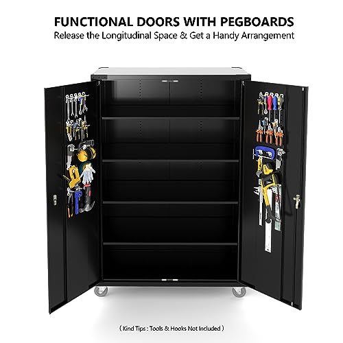 VINGLI Upgraded Wide & Deep Garage Storage Cabinet, Metal Storage Cabinet with Pegboards, Wheels, Locking Doors and Adjustable Shelves (Black, 43''W x 20''D x 72''H)