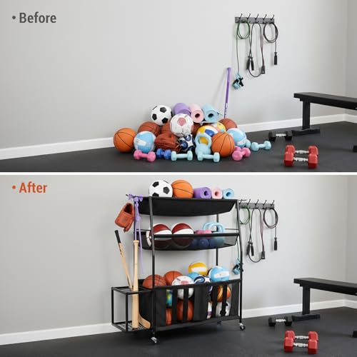 MyGift Garage Sports Equipment Organizer, 3 Tier Metal Ball Storage Bin with Wheels and Mesh Fabric Shelf Baskets, Rolling Gym Equipment Yoga Mat Storage Stand with Ball Toy Bins and 6 Hooks