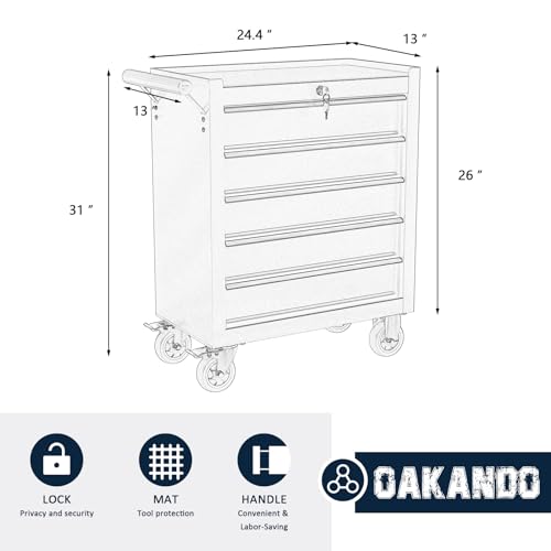 OAKANDO 5-Drawer Metal Rolling Tool Chest with Wheels,Tool Storage Cabinet with Locking System，Toolbox with Wheels for Garage, Warehouse, Workshop, Repair Shop (Red, 5-Drawer)