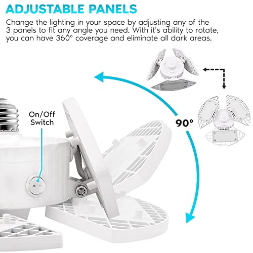 LUXRITE 2-Pack LED Garage Light 80W, 8000 Lumens, Deformable LED Garage Lights, 5000K Bright White, 3 Panel Garage Light, E26 Screw in Shop Light, Adjustable Garage Light, Damp Rated, ETL Listed