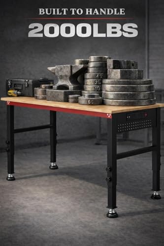 VekMax 48" Workbench with Feet, Adjustable Height Workbench with Power Strip & Pegboard, 2000LBS Load Capacity Solid Wood Top Work Table with Reinforced Steel Frame for Garage, Workshop, Office, Home