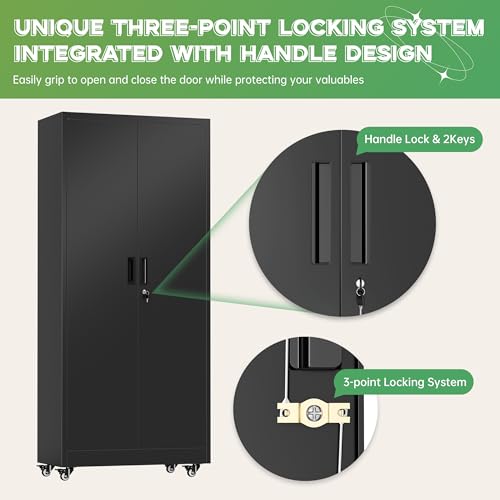 INTERGREAT 73" H Metal Storage Cabinet with Wheels, Locking Doors and Adjustable Shelves, Black Rolling Steel Tool Cabinet for Home Office, Garage, Warehouse