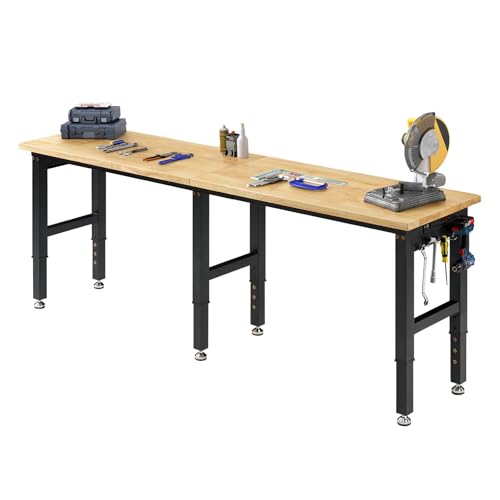 SPECRAFT 72" Adjustable Heavy Duty Workbench with 4 AC Outlet and 2 USB Ports Power Outlets, 6000 Lbs Capacity, Rubber Wood Top for Garage, Workshop, Office