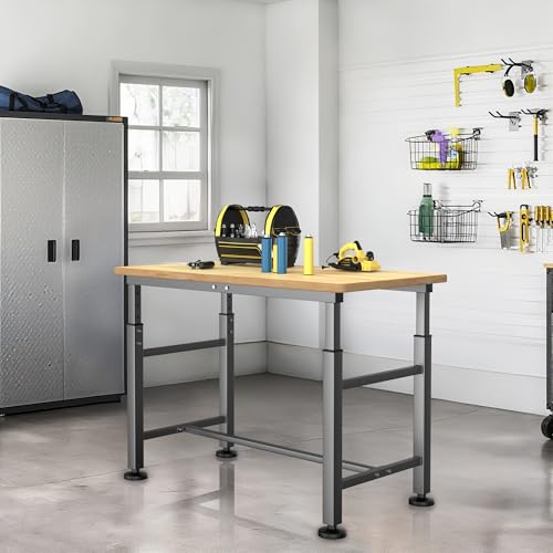 Ultrawall Workbench for Garage, 47.5" Adjustable Height Work Table, Heavy Duty Rubber Wood Workstation for Workshop, Office, Home, 2000 LBS Load Capacity