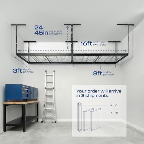 MonsterRax Overhead Garage Storage Racks 3x8’ (2-Pack) Ceiling Mounted Shelving, Adjustable Hanging Organizer, Heavy Duty Steel, Holds 500 Pounds, Color: Hammertone, Adjusts from 24"-45” off Ceiling