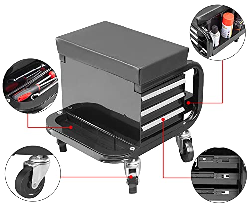 Big RED Rolling Creeper Garage/Shop Seat with Three Built-in Drawers, Rolling Tool Chest,Black,APD2016AR