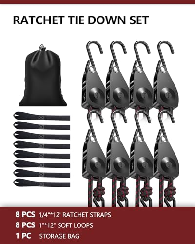VIPARSPECTRA Ratchet Tie Down Straps, 1/4" Adjustable Rope Hangers [8 Pack, 12FT, 150 lbs/Pack], Heavy Duty Kayak Pulley System with Hooks for Garage Cargo Trucks Tents Grow Lights Various Lashing