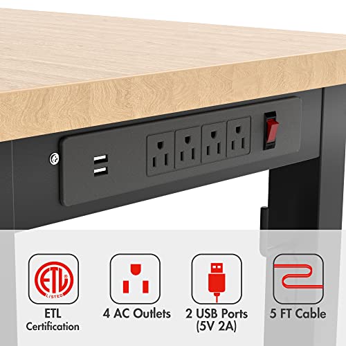 WORKPRO 48" Adjustable Workbench, Rubber Wood Top Heavy-Duty Workstation, 2000 LBS Load Capacity Hardwood Worktable with Power Outlets, for Workshop, Garage