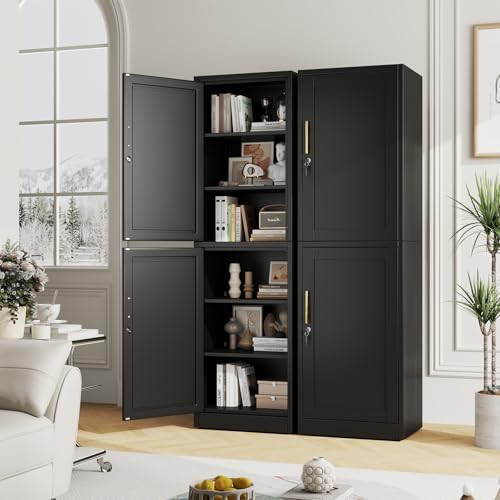 pozdeg 67" Metal Storage Cabinet with Lock, Tall Narrow Office File Cabinets with 2 Doors & 4 Adjustable Shelves, Metal Steel Locker for Home, School, Office, Garage or Gym (Black)