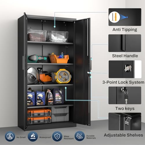 HOMOFFICE Metal Garage Storage Cabinet with Lock, 71" Tall Steel Storage Locker with 4 Adjustable Shelves, Heavy Duty Metal Cabinet for Garage, Office, Home, 31.5”W × 16.5”D, Black