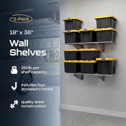 MonsterRax | Garage Wall Shelf Two-Pack White or Hammertone | Three Size Options | Includes Bike Hooks | 500lb Weight Capacity (Hammertone, 18"x36")