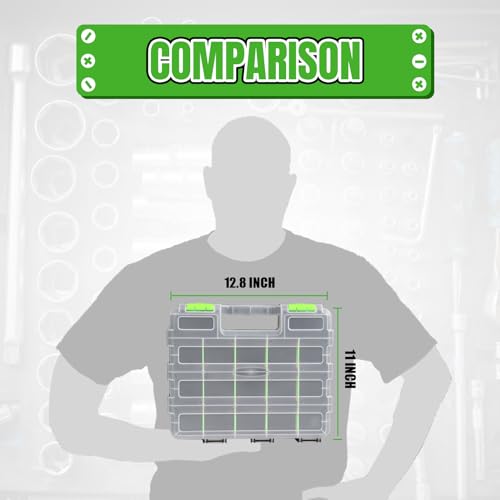 Jack Boss Tool Box with Transparent Lid, Double Side 34-Compartments Organizer Box with Removable Dividers for Hardware, Screws, Bolts, Nails, Beads, Jewelry and Fishing Accessories, Green, 2 Pack